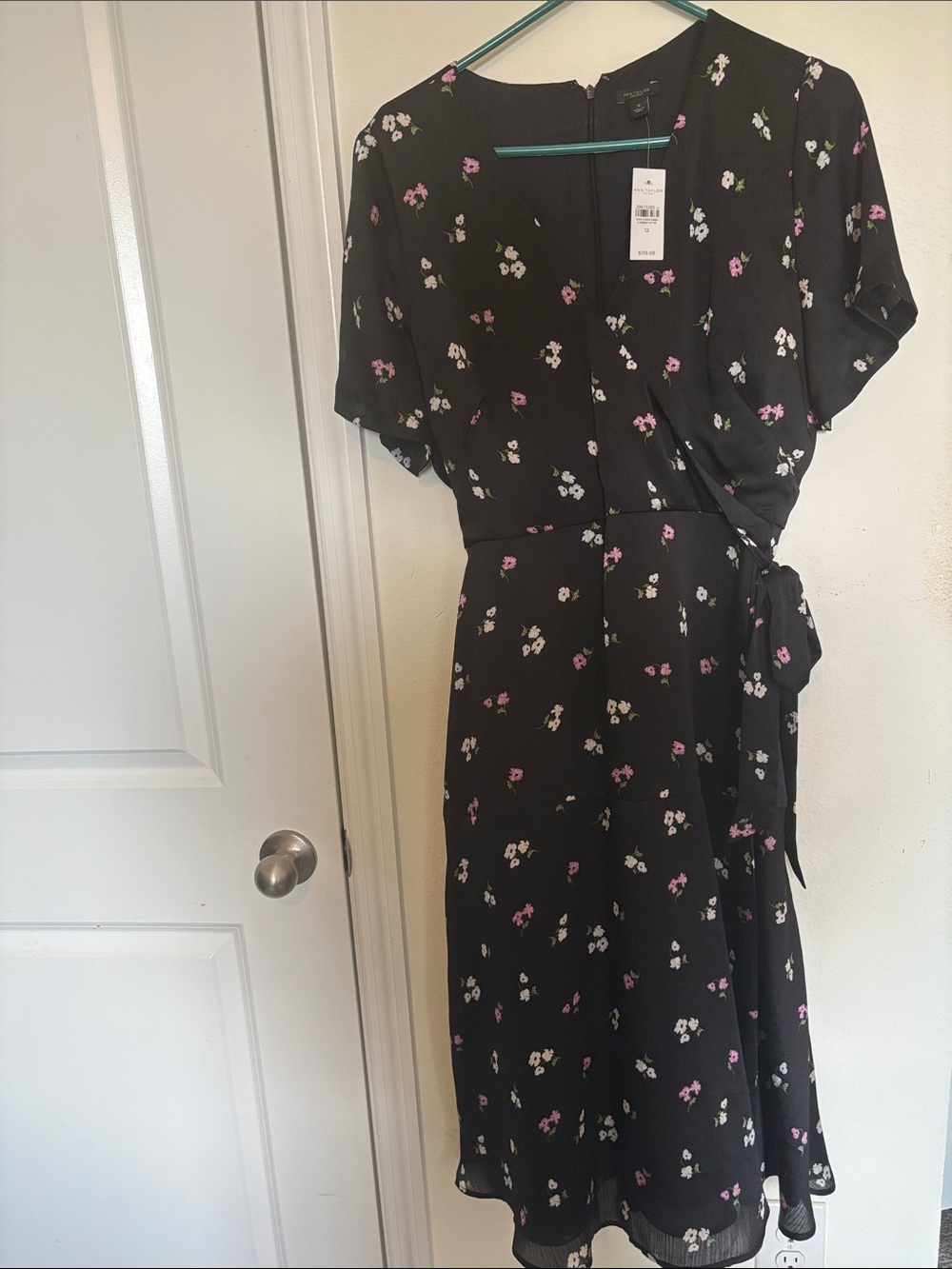 Ann Taylor Factory Black Midi Wrap Dress with Pink & White Floral Print